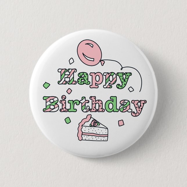 Pink and Sage Green Happy Birthday 2 Inch Round Button (Front)