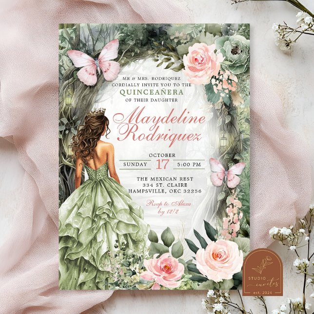 Pink and Sage Green Whimsical Forest Quinceanera Invitation (Creator Uploaded)