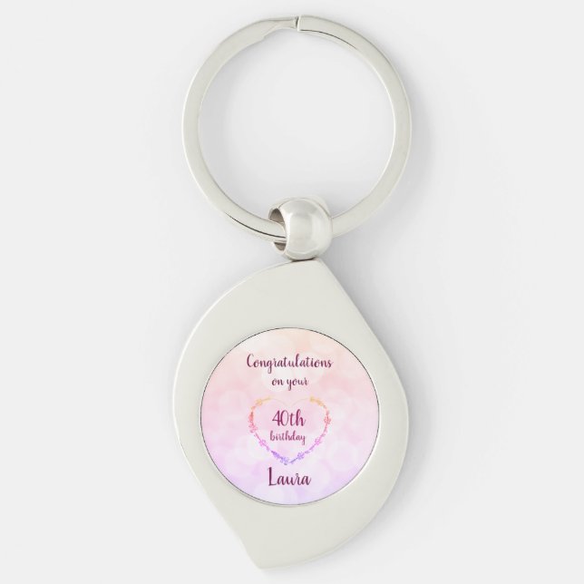 Pink and Silver 40th Birthday Personalised Keychain (Front)