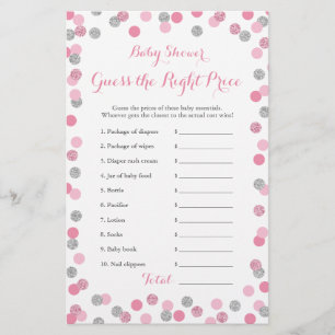 Pink and Silver Baby Shower Price Right Game Card