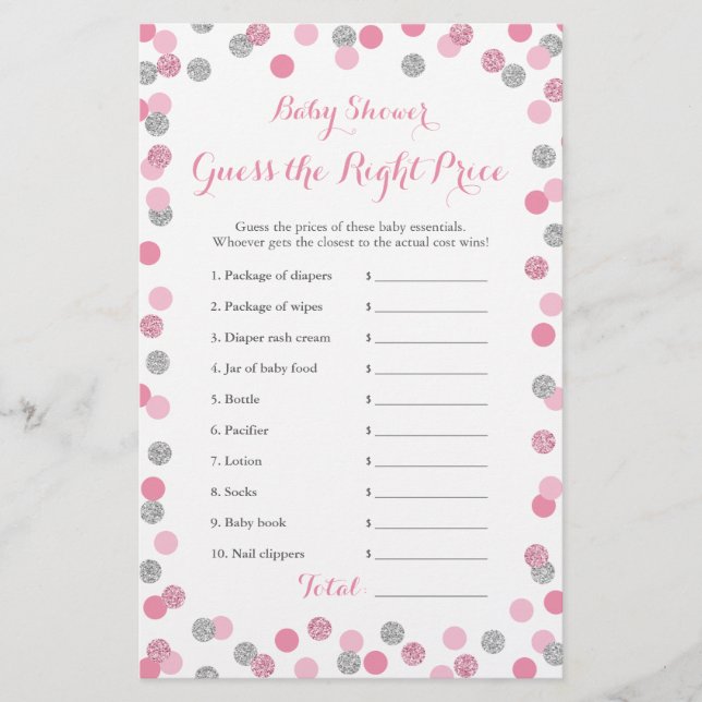 Pink and Silver Baby Shower Price Right Game Card (Front)
