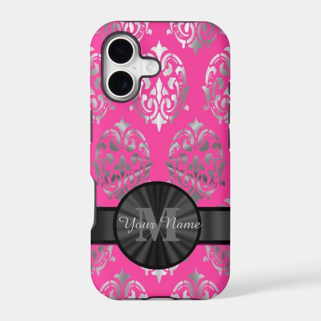 Pink and silver damask personalized monogram (Back)