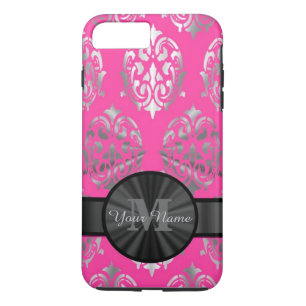 Pink and silver damask personalized monogram iPhone 8 plus/7 plus case