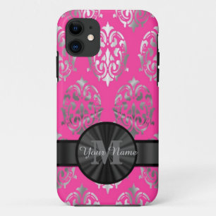 Pink and silver damask personalized monogram iPhone 11 case