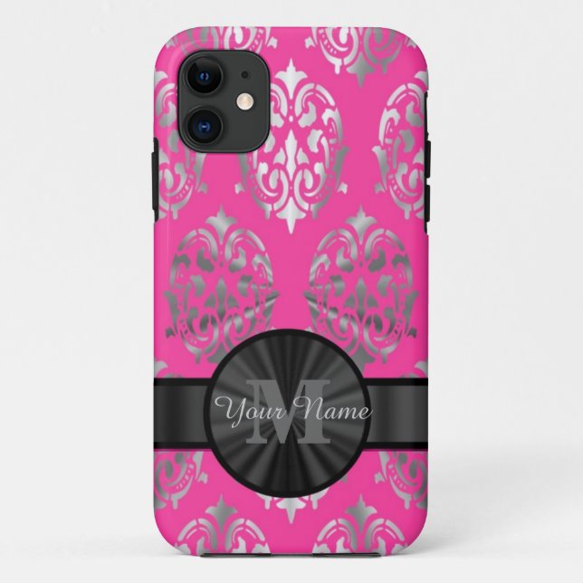 Pink and silver damask personalized monogram Case-Mate iPhone case (Back)