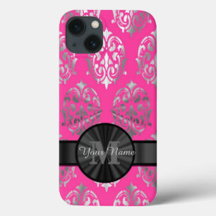 Pink and silver damask personalized monogram iPhone 13 case