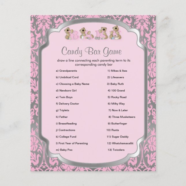 Pink and Silver Damask Teddy Bears - Candy Game Flyer (Front)