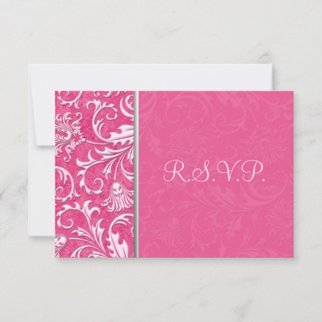 Pink and Silver Damask Wedding Reply Card (Front)
