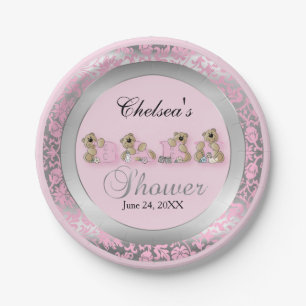 Pink and Silver Damask with Teddy Bears Paper Plate