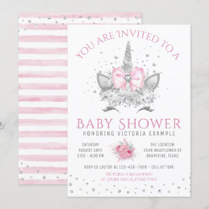 Pink and Silver Diamond Unicorn Baby Shower Invitation