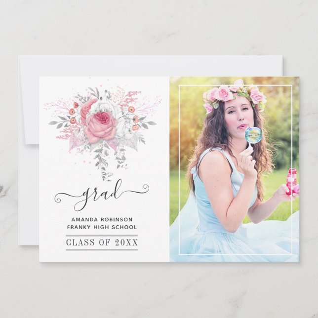 Pink and Silver Floral Graduation Photo Announcement (Front)