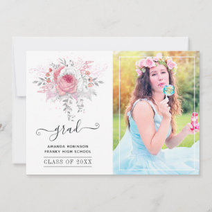 Pink and Silver Floral Graduation Photo Announcement