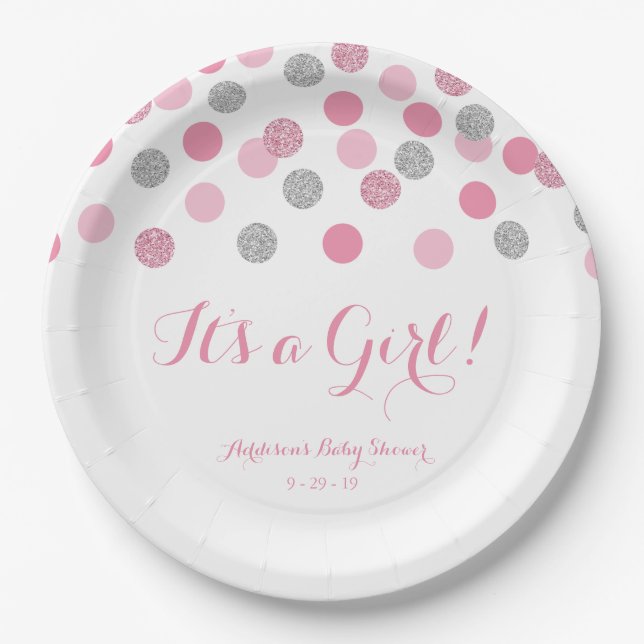Pink and Silver Glitter Baby Shower Paper Plates (Front)