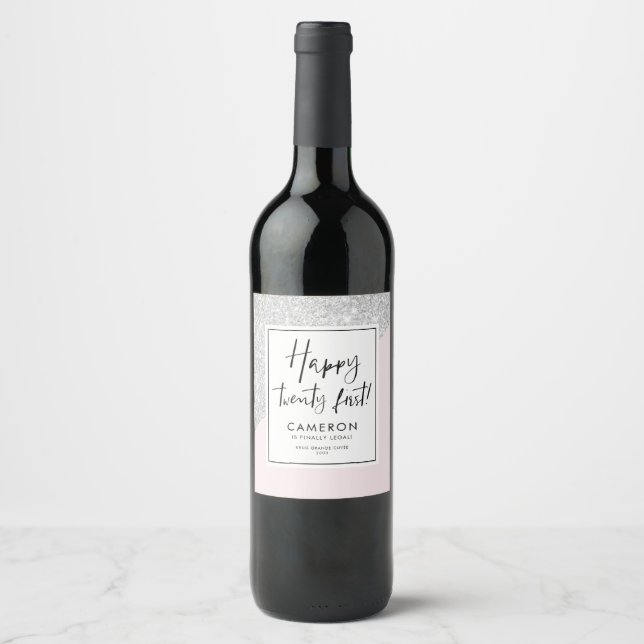 Pink and Silver Glitter Custom 21st Birthday Party Wine Label (Front)