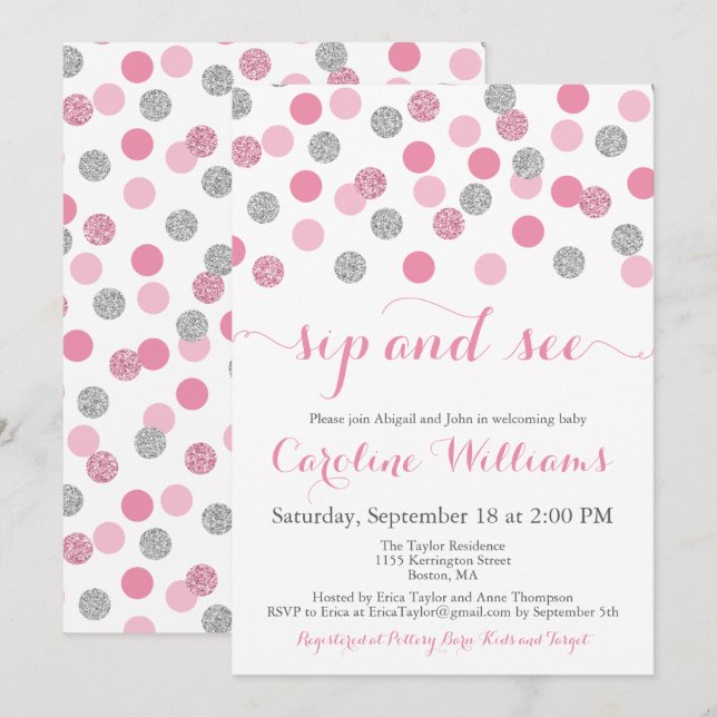 Pink and Silver Glitter Sip and See Invitations (Front/Back)