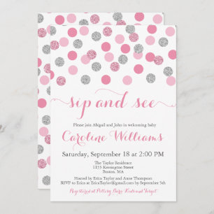 Pink and Silver Glitter Sip and See Invitations