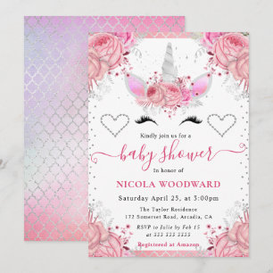 Pink and Silver Glitter Unicorn Face Baby Shower Invitation