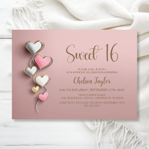 Pink and Silver Heart Theme Sweet 16 Birthday Invitation