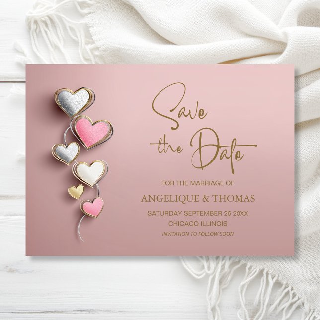 Pink and Silver Hearts Wedding Save the Date (Créateur téléchargé)