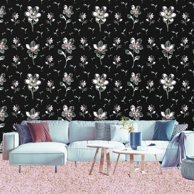 Pink And Silver Metallic Flowers Black Floral Wallpaper (Living Room)