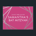 Pink and Silver Modern Bat Mitzvah Save the Date Announcement Postcard<br><div class="desc">Modern, trendy, and elegant silver and pink Bat Mitzvah save the date postcards with a unique geometric squares border. Easily personalize this affordable save the date for your Bat Mitzvah with custom name, date, and details of your fun and sophisticated celebration. All of the text is editable, so this design...</div>