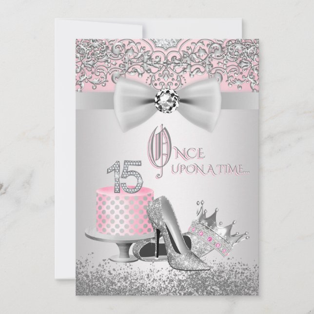 Pink and Silver Quinceanera Birthday Party Invitation (Front)