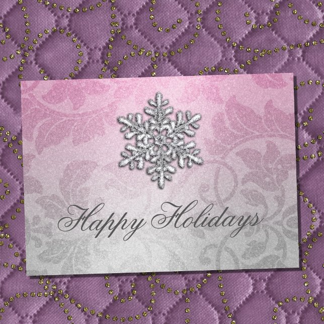 Pink and Silver Shimmer Damask Holiday Card (Creator Uploaded)
