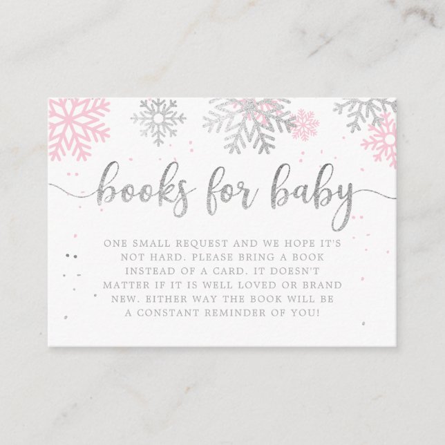 Pink And Silver Snowflakes Winter Books For Baby Enclosure Card (Front)