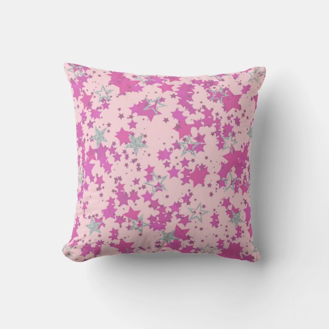 Pink and silver stars throw pillow (Front)