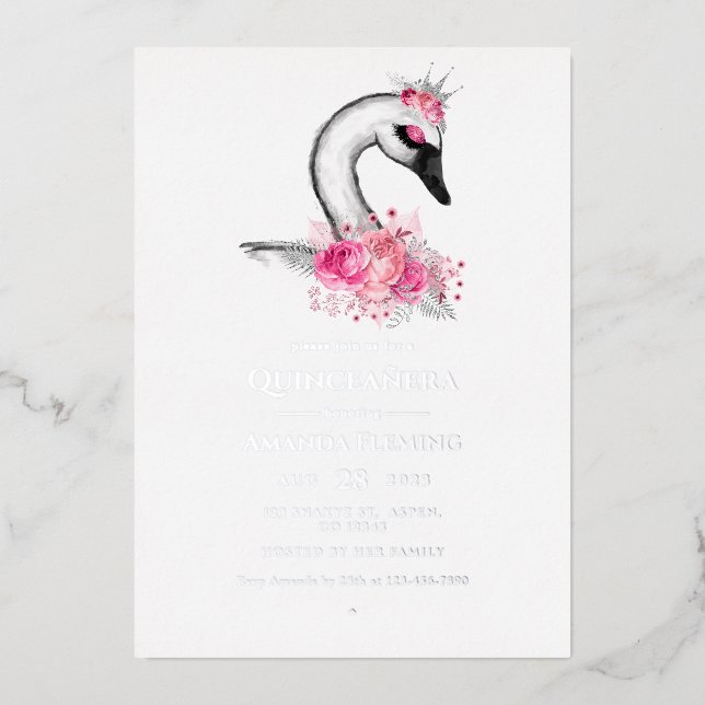 Pink and Silver Swan Quinceañera Foil Invitation (Front)