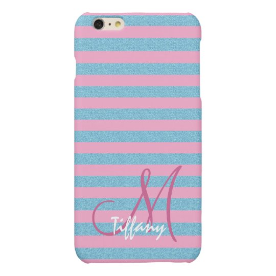 Pink and sky blue aqua glitter stripes monogram