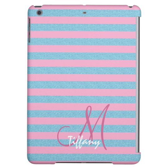 Pink and sky blue aqua glitter stripes monogram cover for iPad air