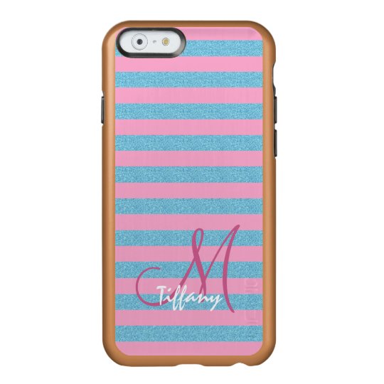 Pink and sky blue aqua glitter stripes monogram incipio feather® shine iPhone 6 case