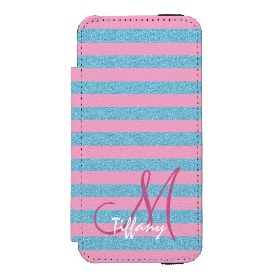 Pink and sky blue aqua glitter stripes monogram incipio watson™ iPhone 5 wallet case