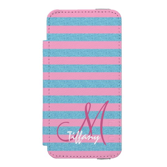 Pink and sky blue aqua glitter stripes monogram incipio watson™ iPhone 5 wallet case