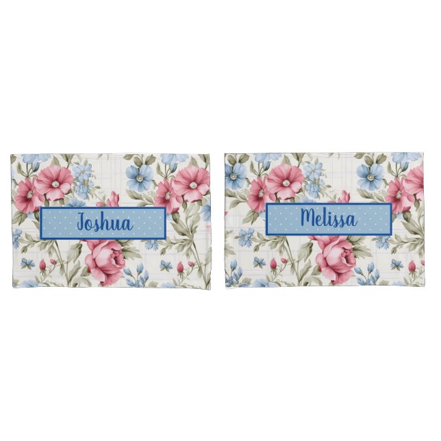 Pink and Sky Blue Floral - Polka Dot - Monogrammed Pillowcase (Front-Set)