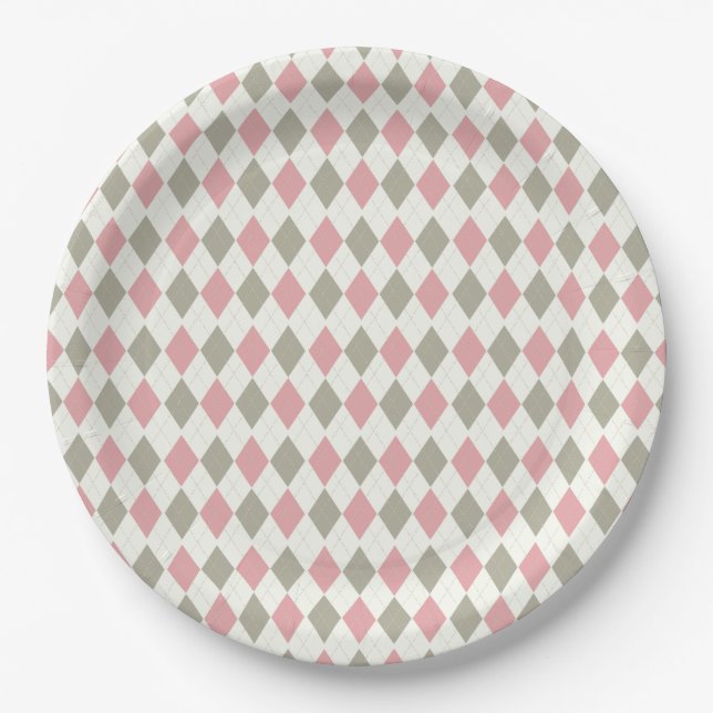 Pink and Taupe Argyle Pattern-Elegant  Versatile Paper Plate (Front)