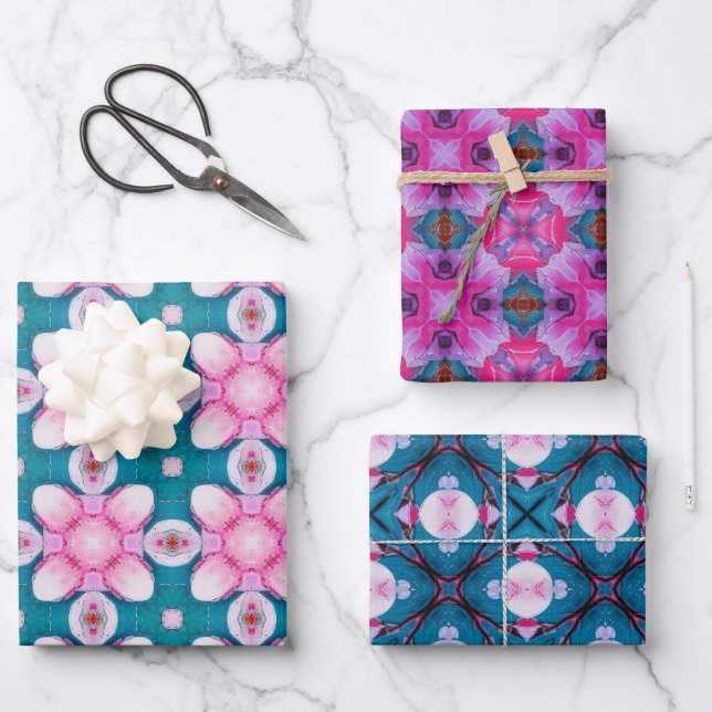 Pink and teal abstract star pattern wrapping paper sheet (Front)