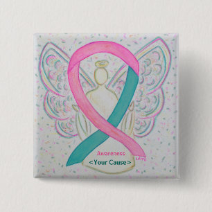 Pink and Teal Awareness Ribbon Angel Button pins