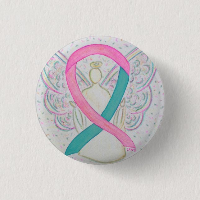 Pink and Teal Awareness Ribbon Angel Button Pins (Front)