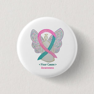 Pink and Teal Awareness Ribbon Angel Pin Buttons