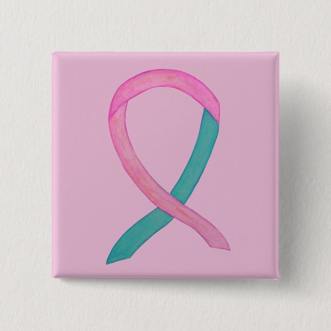 Pink and Teal Awareness Ribbon Custom Button Pins (Front)