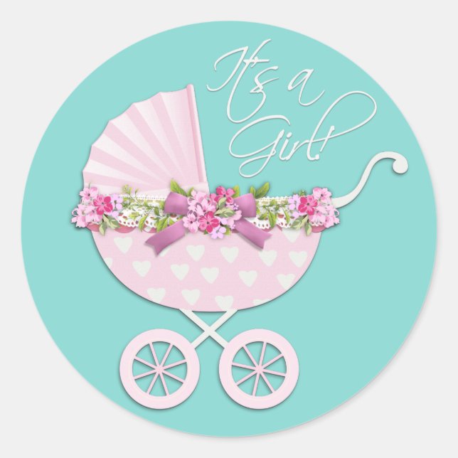 Pink and Teal Blue Baby Carriage Stickers (Devant)
