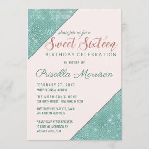 Pink and Teal Blue Faux Glitter Sequin Sweet 16 Invitation