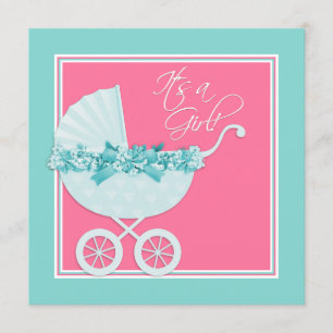 Pink and Teal Blue Pram Baby Shower Invitation