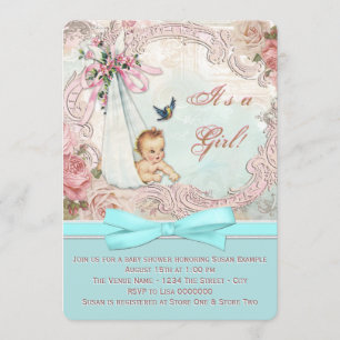 Pink and Teal Blue Vintage Baby Shower Invitation