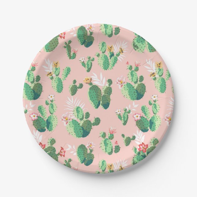 Pink and Teal Cactus Southwestern Paper Plates (Front)