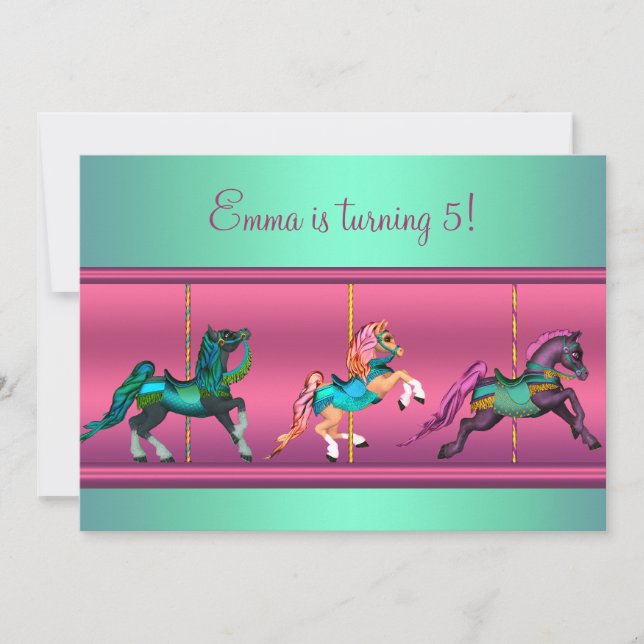 Pink and Teal Carousel Pony Birthday Party Invitation (Front)