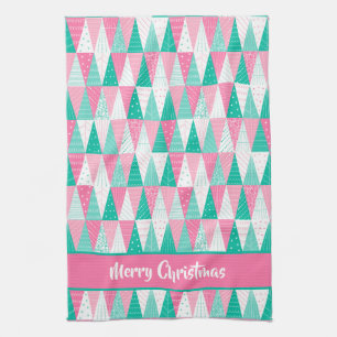 Pink and Teal Christmas Trees Kitchen Towel