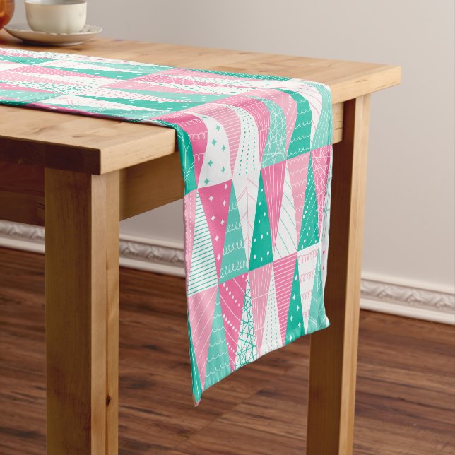 Pink and Teal Christmas Trees Short Table Runner (In Situ)